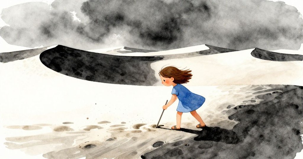 Maeve在沙丘上用鋼桿穩固沙堆，風吹沙飛揚，表情堅定，背景廣闊動人。