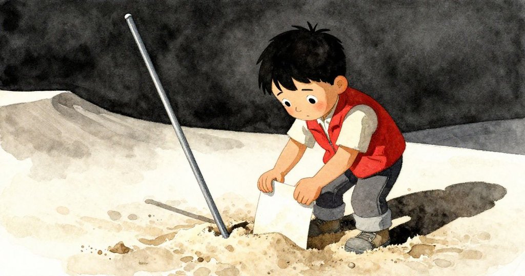 Grant用手臂關上覆滿沙粒的筆記本，旁邊鋼桿傾斜，表情專注緊張，展現挑戰與對比。