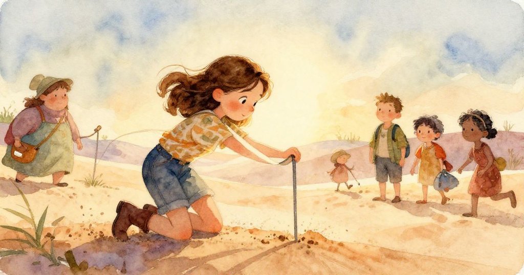 從低角度看，Grant的手正向銅壺倒入混合物，鋼桿基座邊沙子翻飛，過程神秘精細。