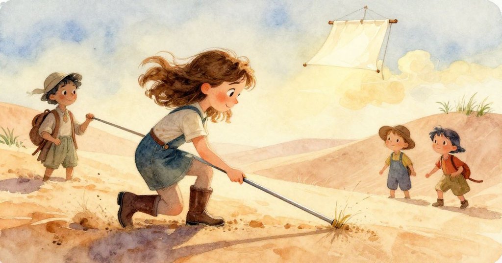 在變幻莫測的沙丘中，鋼桿傾斜顯現異樣幾何，遠處紅燈塔隱約可見，Maeve與Grant身影若隱若現。