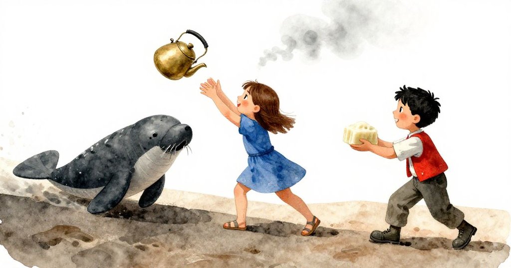 Maeve伸手接住落下的銅壺，Grant遞出肥皂雕象，兩人協力穩定鋼桿，互動中充滿信心與決心。