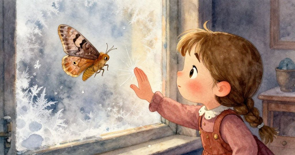 Gwen的拇指在結冰窗面上留下清晰印痕,細膩冰晶與殘留飛蛾共舞,呈現寒冷中微妙魔法。