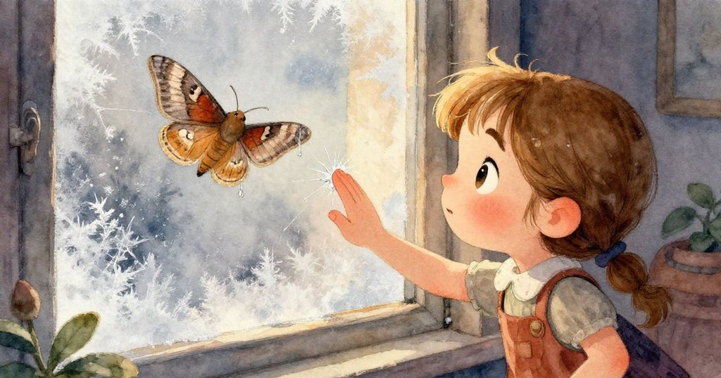 Gwen目光專注窗邊溫茶杯,瓷器上繪有歡樂家宴場景,溫暖光芒映襯著窗外冰霜,故事情韻盎然。