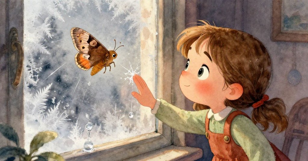 從高角度看,窗邊薄冰開始融化,裂冰晶像粗鹽般灑落,營造靜謐中微妙變化的奇幻氣氛。