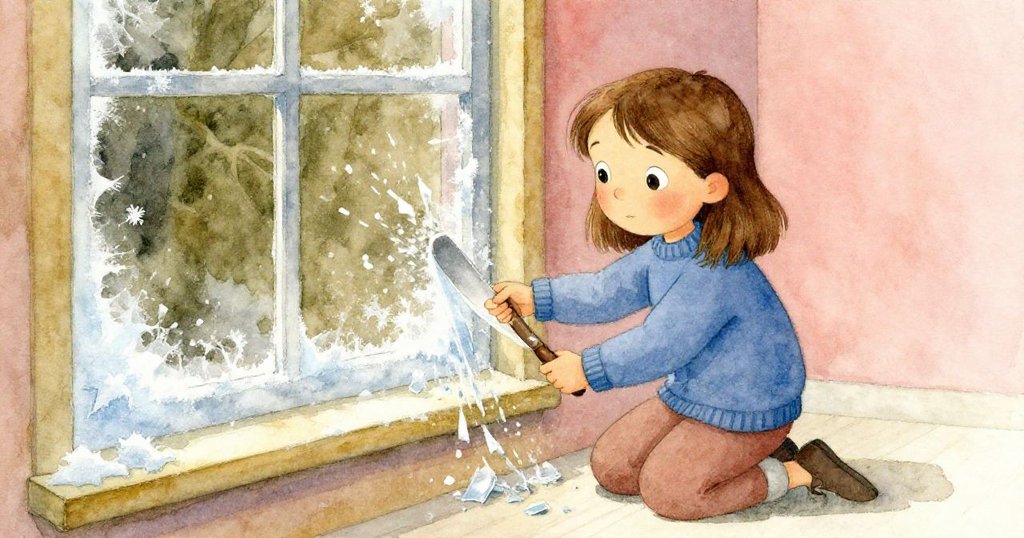 Gwen跪在窗邊,小心用餐刀推動冰縫,冰晶如鹽般散落,她面露堅毅,專注於破解冰凍之謎。