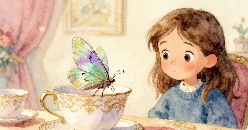 在溫暖光影中,Gwen目送茶杯邊蛾子展翅生輝,綠紫彩翼閃爍,她神情驚喜中滿懷平靜,結局充滿奇妙色彩。