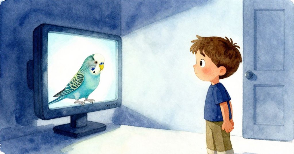 Max站在明亮背景中剪影狀於門口,注視著發光監視器上擺放的塑料鸚鵡,神情充滿好奇與期待。