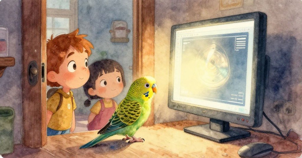 特寫細緻描繪塑料鸚鵡破損的喙與微微顫動的爪子,旁邊有桌上風扇帶來柔和背景,充滿細膩觀察。