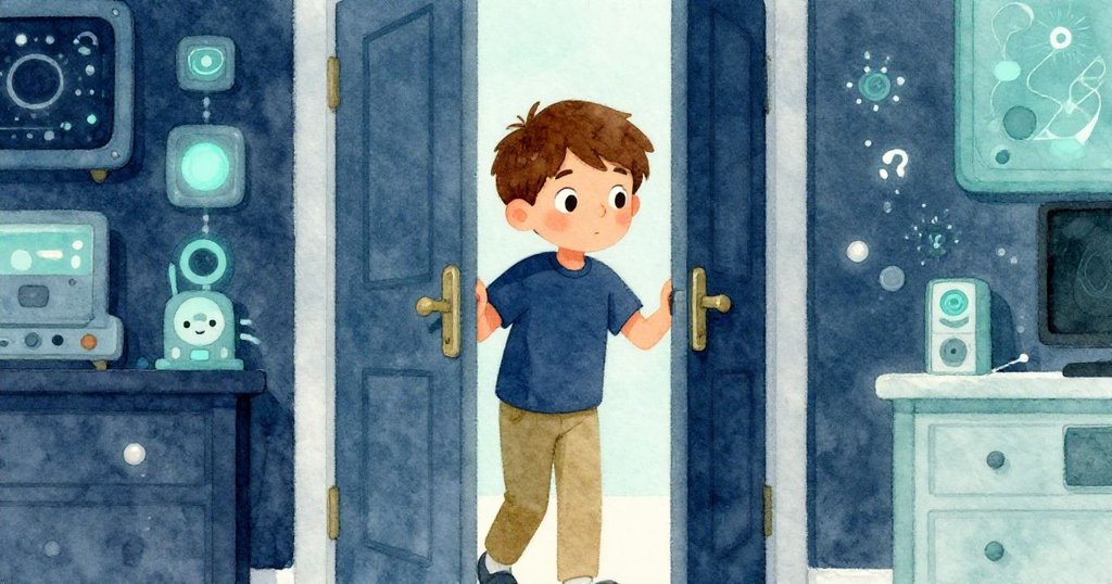 Max透過半開門縫邊,懷著興奮與神秘感步入充滿暖燈光與電子設備的房間,動感十足。