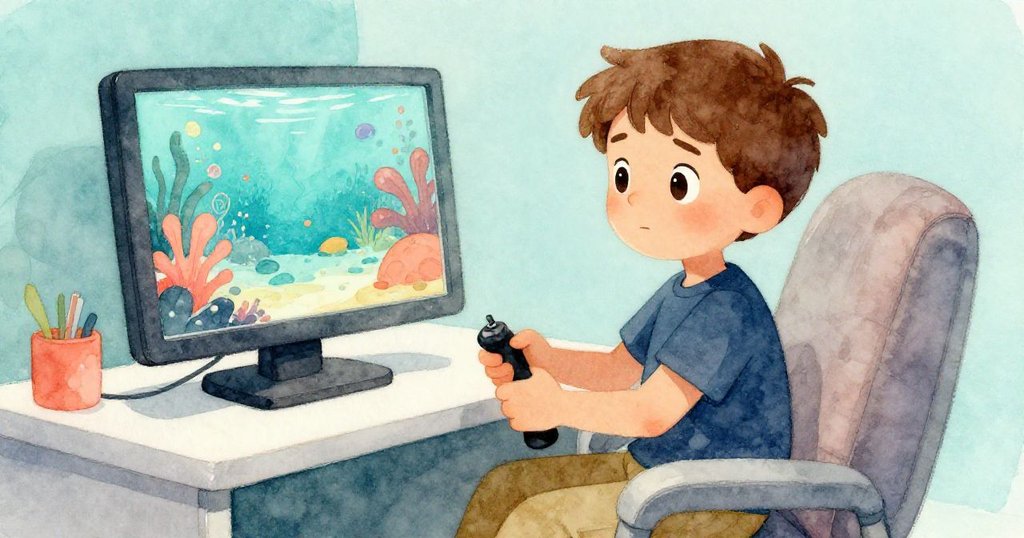 Max坐在柔軟扶手椅上,緊握著橡膠操縱桿,眼神專注看著充滿變化水下景象的監視畫面,氛圍濕潤迷人。