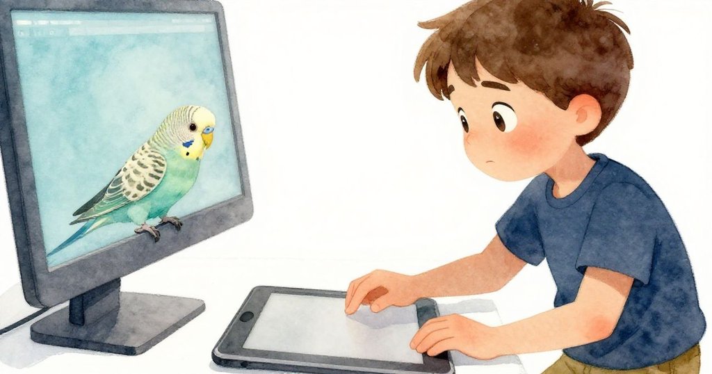 Max溫柔地在觸控板上輕點標記,同時溫暖注視著微微傾斜的塑料鸚鵡,臉上流露出悄然成功與內心平靜的笑容。