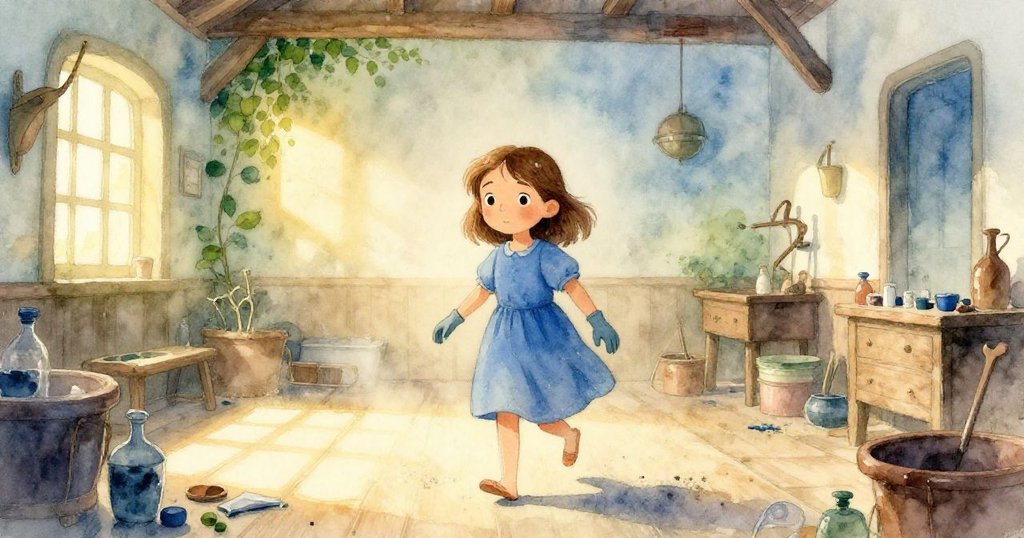 Nell 穿著藍色洋裝,走進充滿晨光與葉綠色調的染房,臉上顯露平靜好奇,室內塵埃隨光舞動,展現初步轉變。