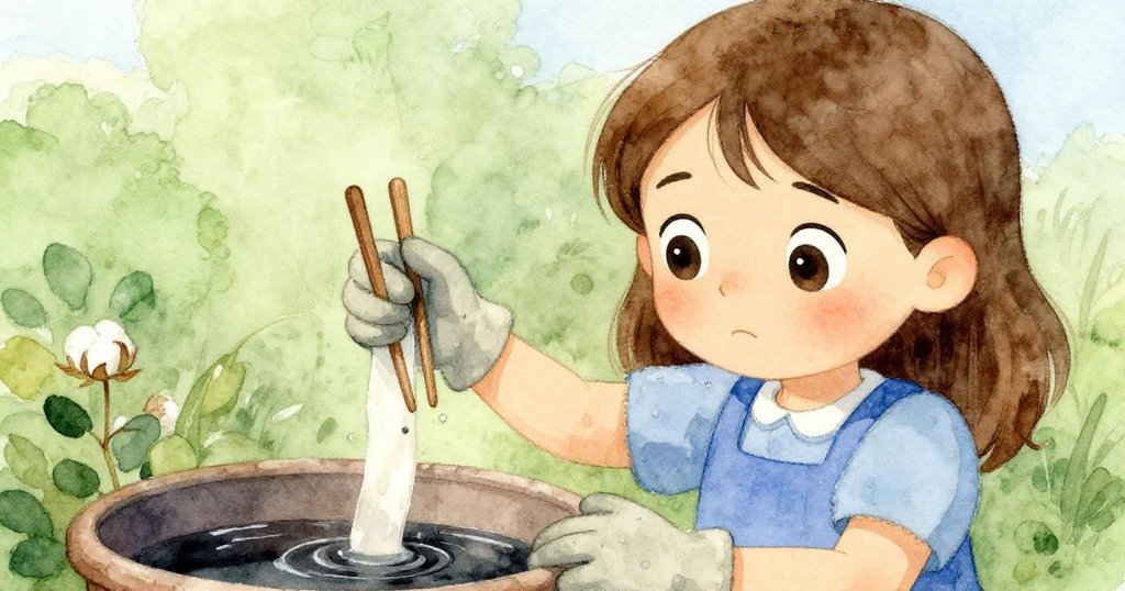 Nell 目光專注,濕潤手套握著棉布條,準備浸入黑暗染液中,臉上流露堅定決心,細節豐富。