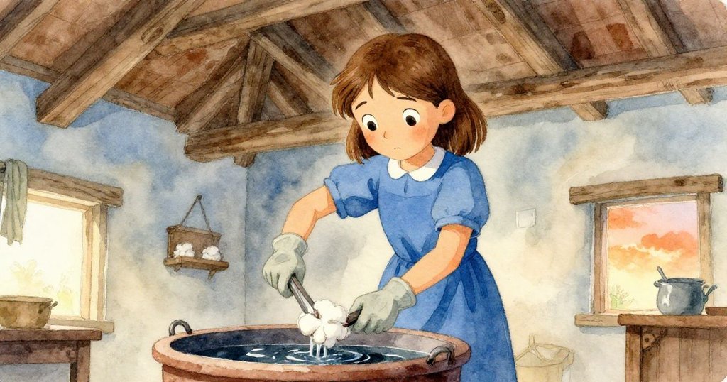 Nell 以低角度呈現,謹慎將裹布的木夾降入暗色染缸,古老橫梁在上方形成戲劇性陰影,氣氛神秘。