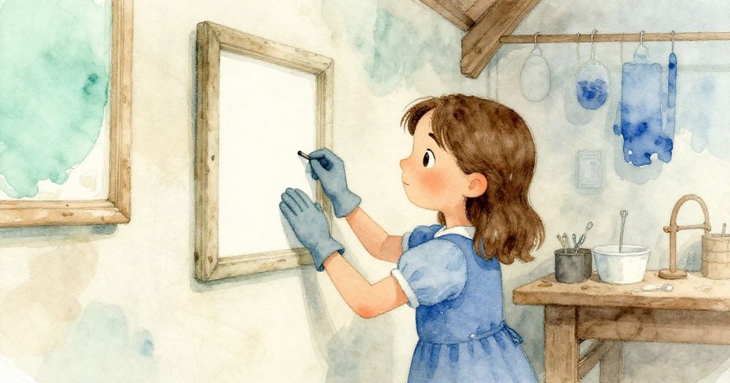 Nell 靜止在染房中,伸手輕觸牆上微弱的畫框痕跡,溫柔回憶交織著薄荷、土棕與藍天的色調。