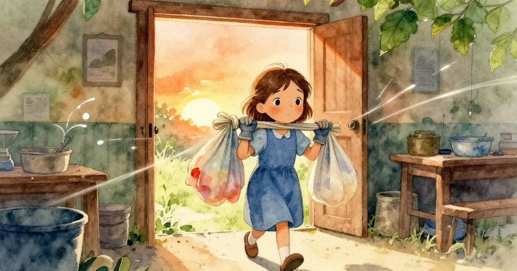 Nell 手捧兩捆染布急步向門口前進,夕陽映照下橙綠交織,動感中透出堅毅決心,室內外氛圍交接。