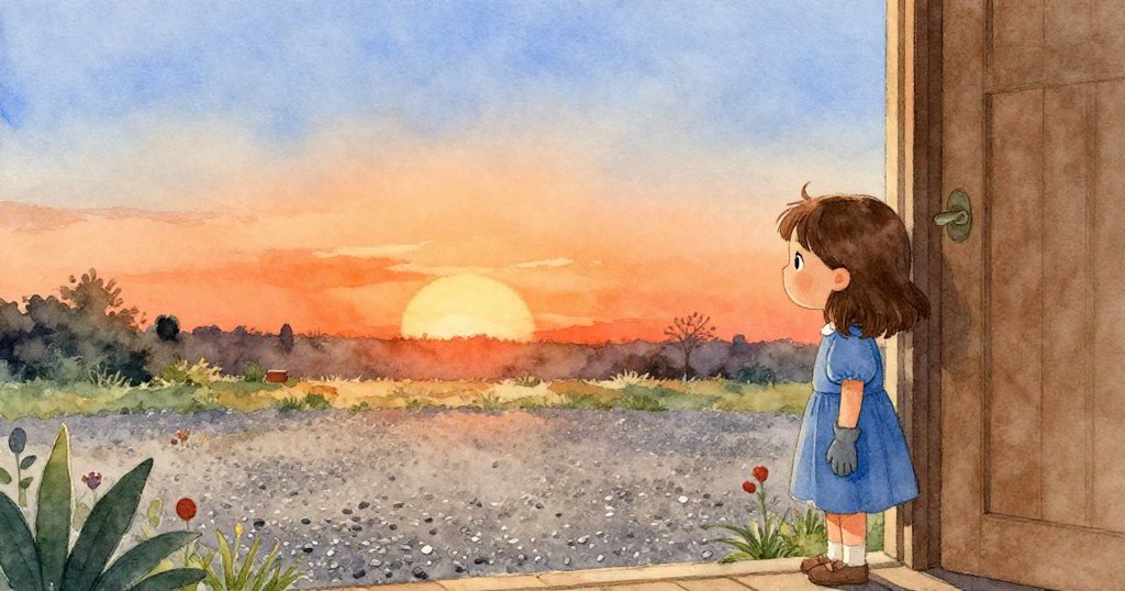 Nell 靠著門框站在庭院入口,她的身影在廣闊光亮的庭院中顯得渺小,夕陽映照下碎石清晰,展現未來希望。