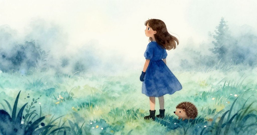 Iris在迷霧籠罩的草地上站立，身影被柔光勾勒，她好奇注視著靠近鞋帶的小刺蝟，呈現神秘溫暖氛圍。