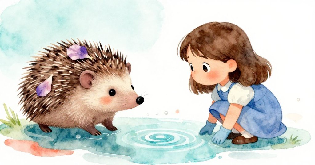 Iris蹲在濕潤草地上，用手指觸碰水波，小刺蝟背上掛著凋零紫花，畫面分割呈現和諧細膩情感。