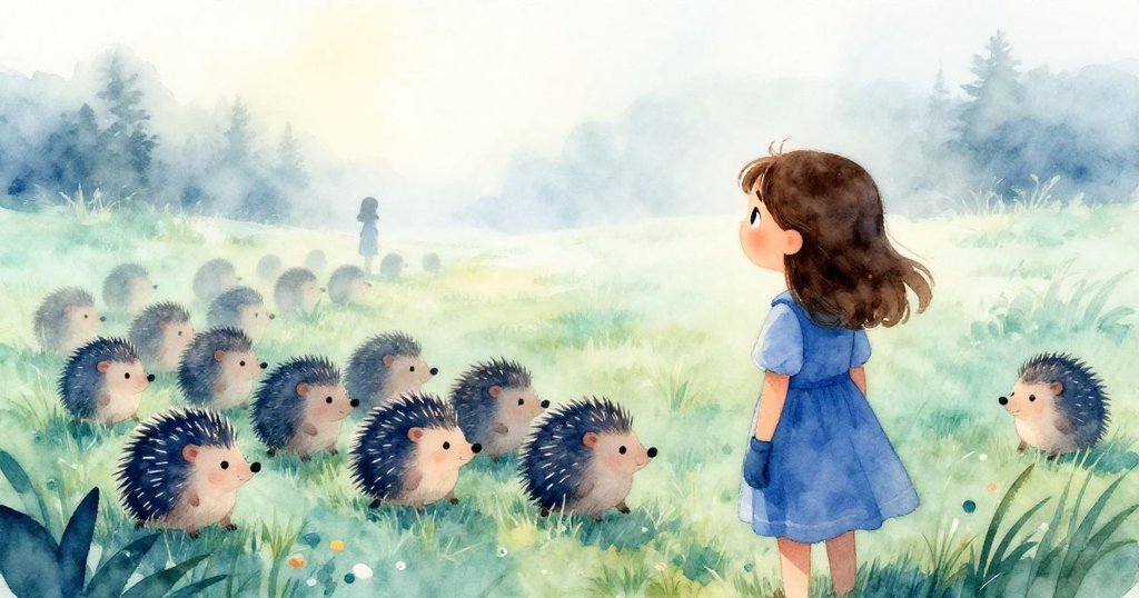 Iris遠眺薄霧籠罩的草地，小刺蝟成群結隊輕柔遊走，她眼中滿含好奇與溫柔注視整個場景。