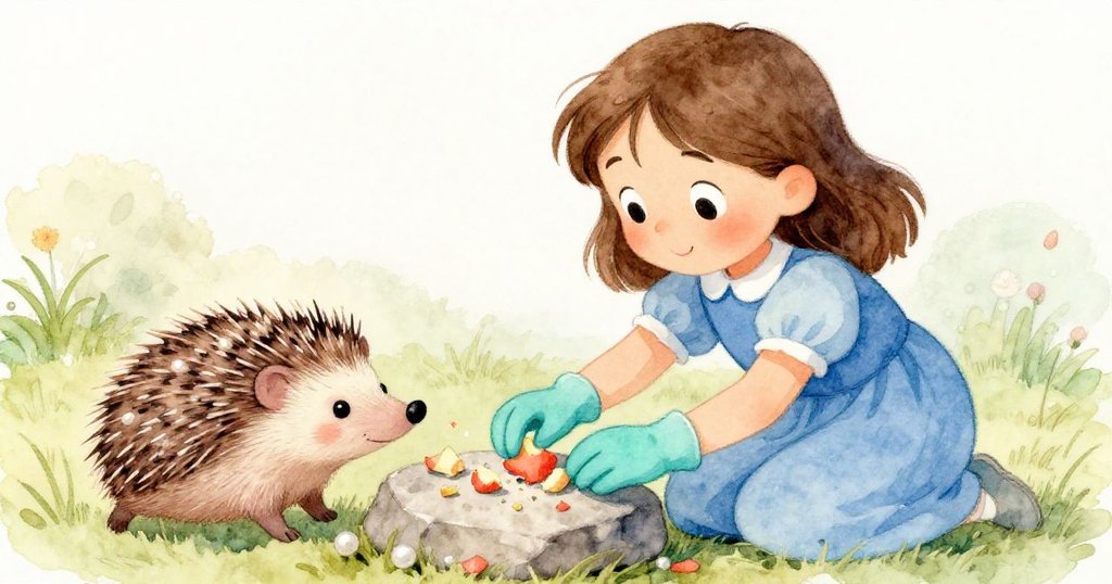 Iris在草地上放置蘋果碎片誘導小刺蝟回來，她專注動作中，刺蝟迅速靠近輕觸手套，溫馨互動瞬間。