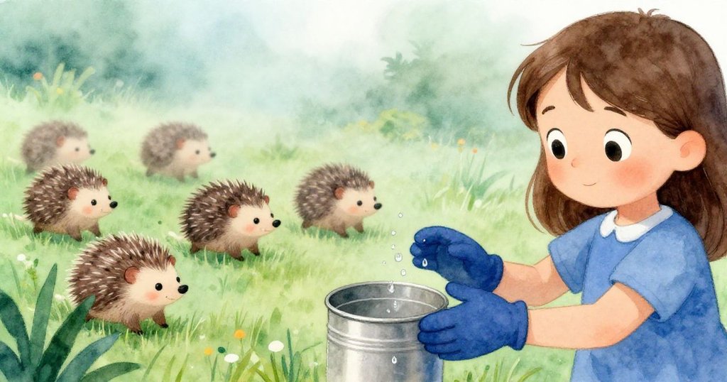 在濃霧中，Iris輕拍乾涸錫盒後小心收入口袋，背景隱約顯示刺蝟秘密遊行，展現深刻思索情境。