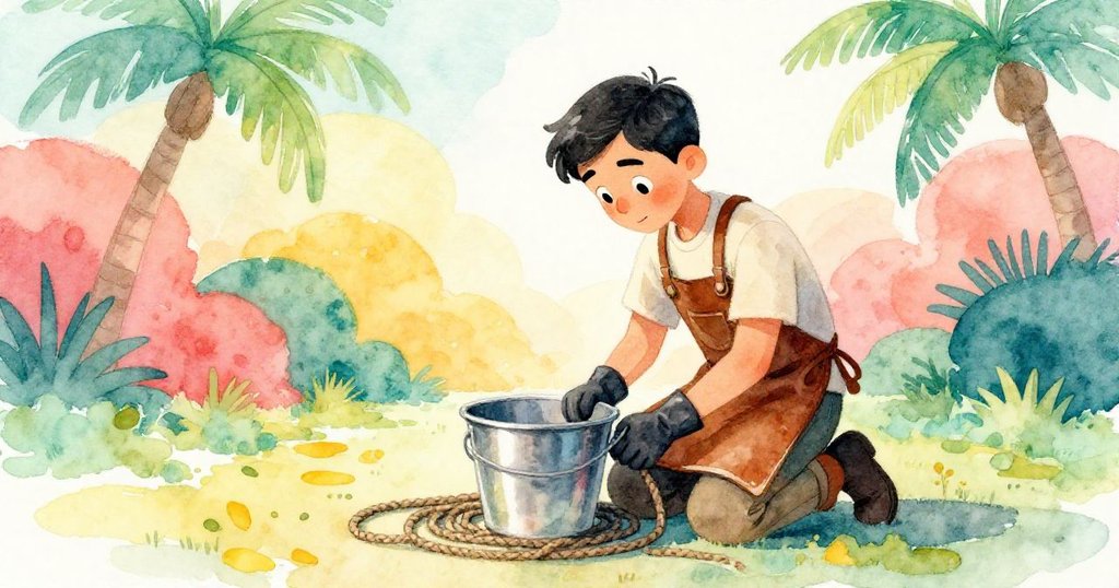 工匠在露天作業場中檢查帶有灰色斑點的繩索，桶中映出他的身影，神情專注且充滿神秘感。