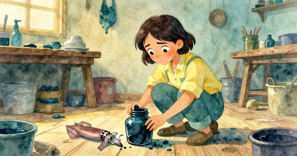 薩奇在工坊內專注檢查破碎的魷魚墨水瓶，手觸老舊木地板上的墨跡，神情堅定且充滿歷史感。