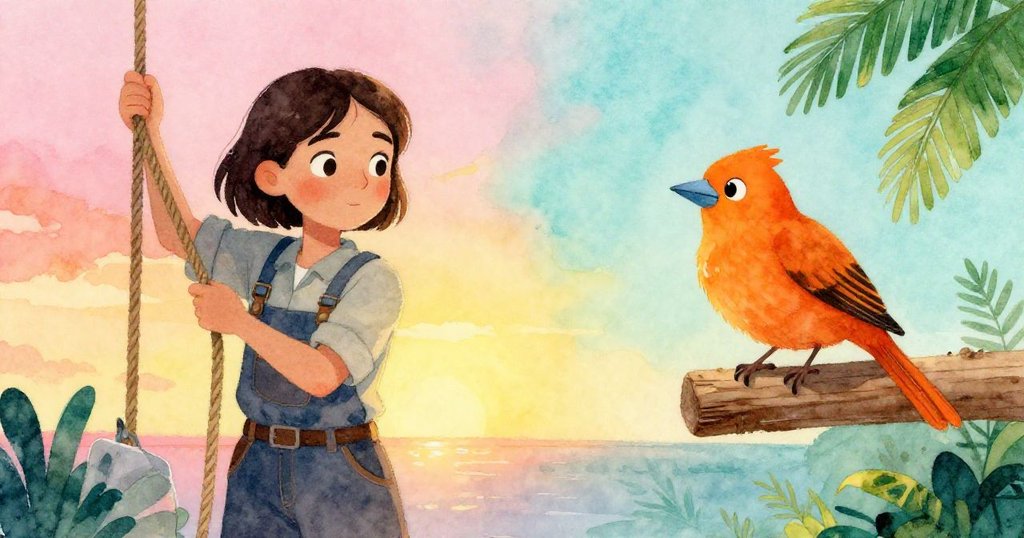 薩奇一邊輕刷繩索上的污漬，一邊旁邊橙色鳥兒好奇凝視，場景分割呈現雙重時刻，光影溫暖柔和。