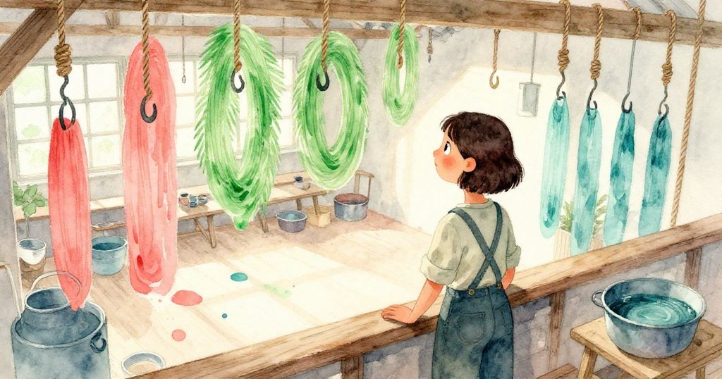 薩奇站在高窗旁，從高處俯瞰寬敞工坊中盤放的繩索和轉動鉤子，陽光灑落，神情中流露出沉思與期待。