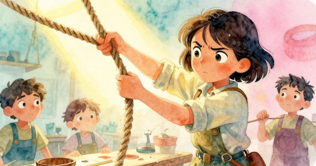 薩奇奮力調整扭曲繩索，其專注神情與迅速動作在強烈背光下展現出緊張氣氛，環境充滿動態感。