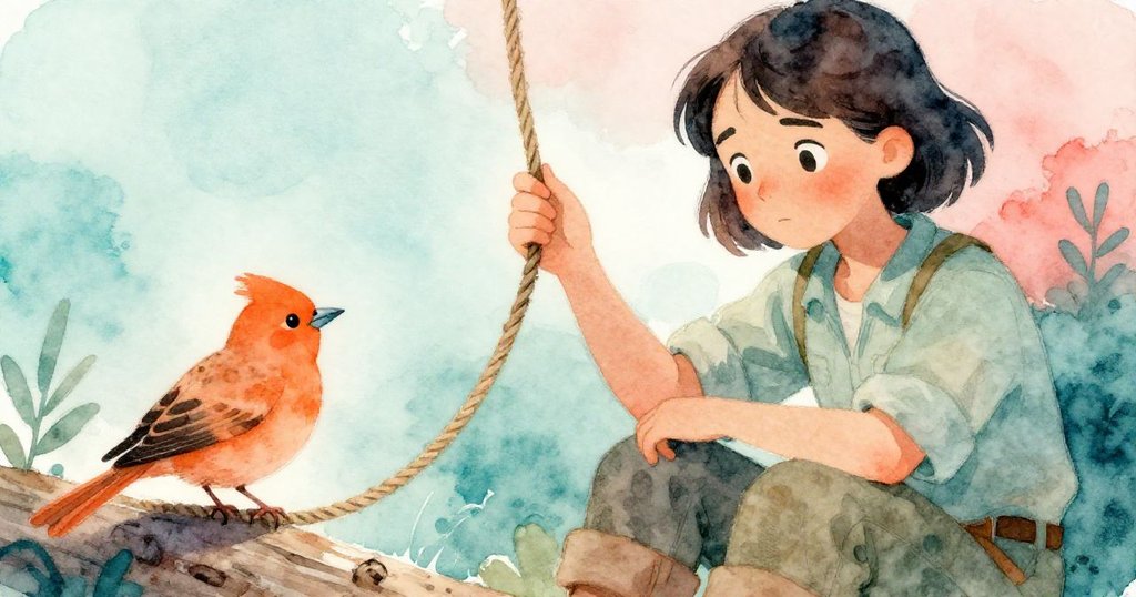 薩奇凝視帶痕跡的繩索，輕握之中流露出內心思索，身旁橙色鳥兒默默相隨，場景充滿詩意與平靜。