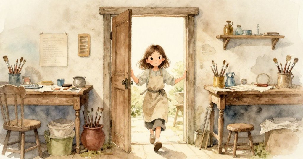 科拉走進古舊的工作坊，環境中擺放著刷子和梳子，陽光從高窗灑下，她帶著期待與專注的神情。