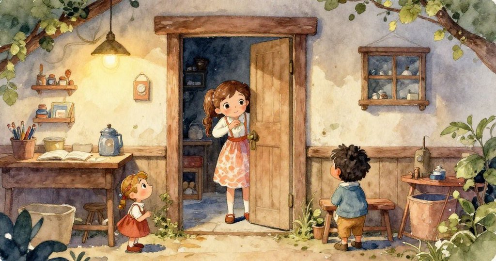 科拉的手指輕觸木製筆尖的凹痕，近距離展示工作臺上工具的質感和舊日記憶，充滿溫柔探索。