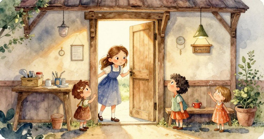 科拉從背後觀望，注意到顏料滴在水槽中形成繽紛漣漪，背景明亮柔和，她神情專注且期待。