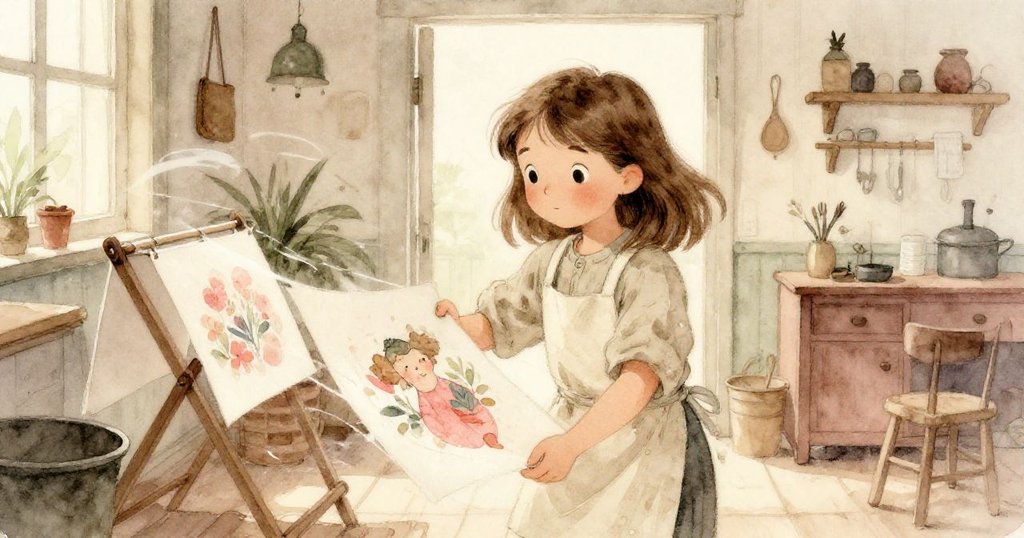 科拉正動作敏捷地攜帶著濕潤的紙張至晾衣架，紙上顏料流轉展現短暫美感，她臉上流露出專注與滿足。