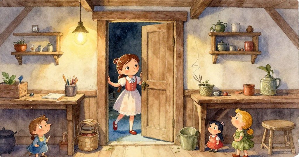 工作坊恢復寧靜，水槽中殘留淡紫色痕跡，木製筆跡與潮濕掌印靜默訴說著創作過程的溫柔回憶。