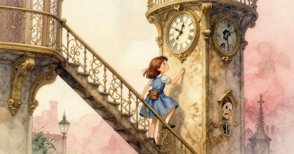 年輕的Thea正在古老鐘樓狹窄樓梯上攀登，手觸拭著歷史感扶手，晨光柔和中滿含期待與神秘感。