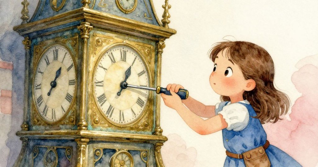 從Thea視角看到她小心翼翼使用螺絲刀觸碰布滿綠鏽的銅質面板，表現出堅定與細緻的修理動作。