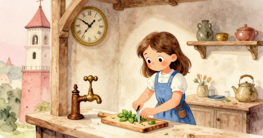 Thea在鐘樓小廚房內，一邊洗手一邊用刀細心切碎鮮綠羅勒，暖光中流露出平靜和專注。