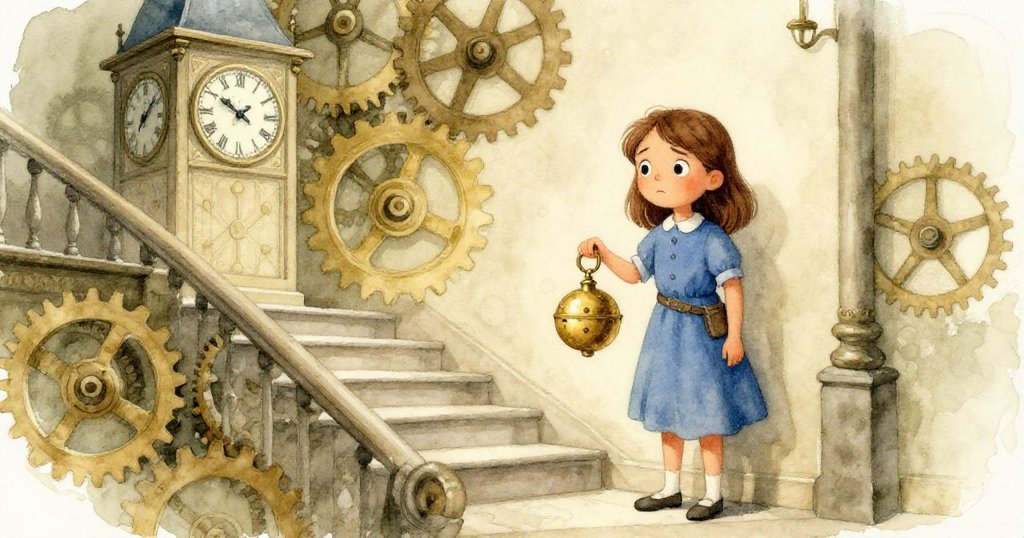 Thea站在第十階上，手持銅製砝碼，面露猶豫與掙扎，背景中隱約顯現古時計機件的歷史痕跡。