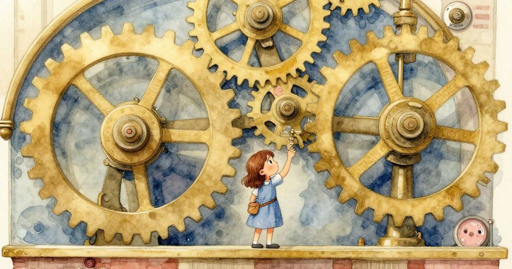 Thea站在龐大重啟的鐘樓機件前，輕推懸掛砝碼，使得古老齒輪恢復節奏，她的決心與修復成功在恢宏背景中熠熠生輝。