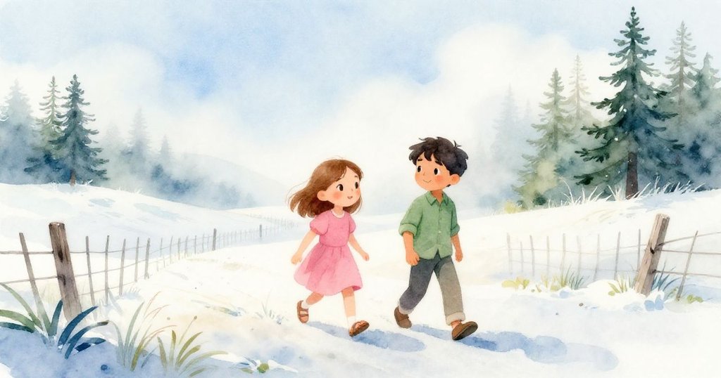 Gwen小心跨出板道踏上沙丘頂，Ian跟隨在後，柔和晨霧中展現期待與謹慎的神情