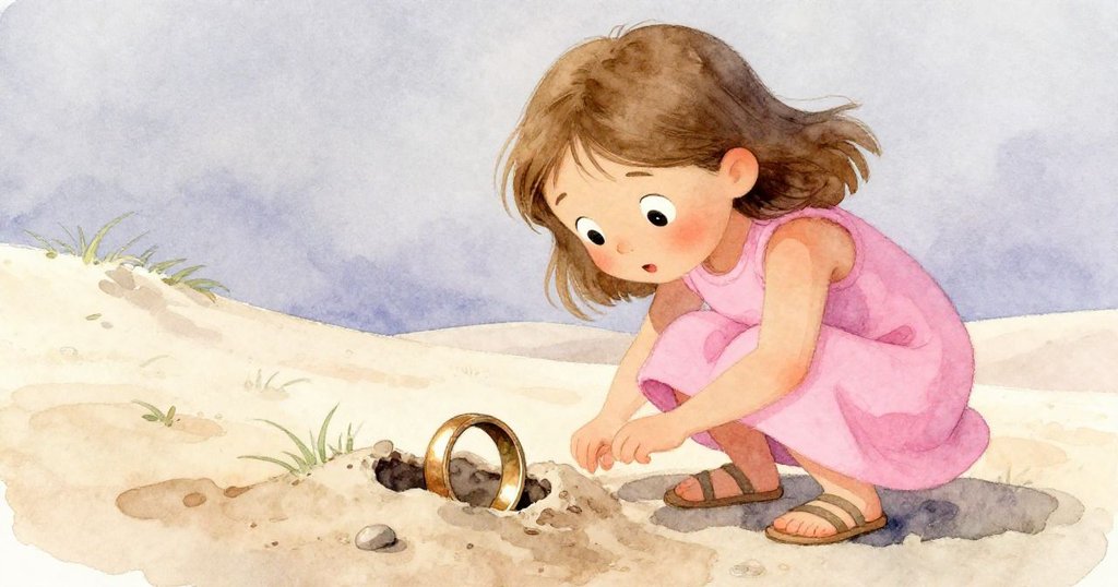 Gwen蹲下仔細觀察沙丘上半露的青銅戒指，眼中流露出無比好奇與驚奇的情緒