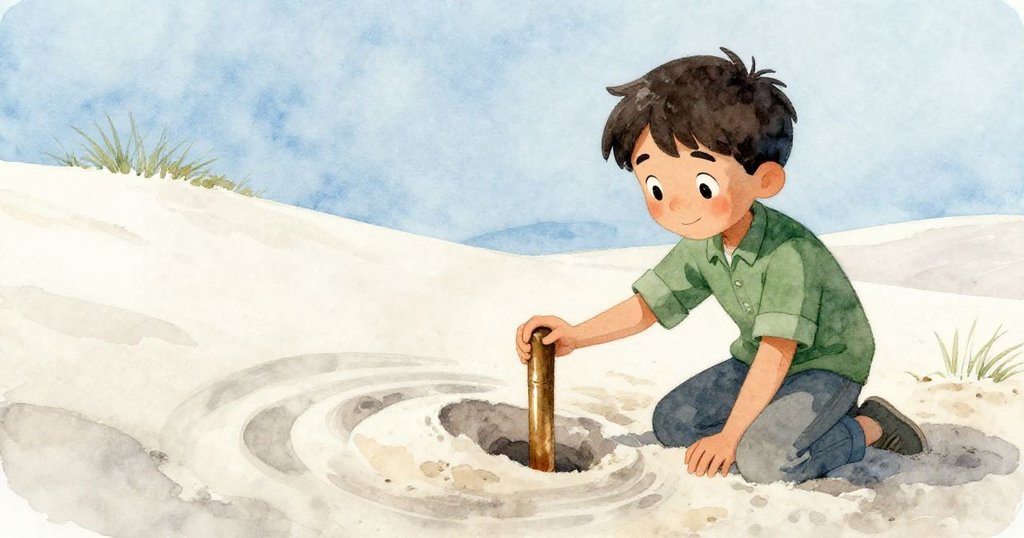 Ian蹲在沙丘上，雙手輕拂沙粒揭露隱藏在下的青銅軸，周遭沙粒旋轉顯現神秘氣息