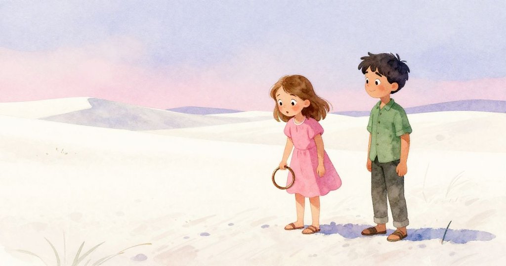 Gwen將青銅戒指輕輕放回沙丘頂，Ian目光沉思望向遠方夕陽，沙丘靜謐中彌漫著魔法餘韻