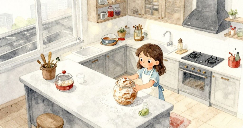 Iris輕觸麵包發酵罐，從高空俯瞰溫暖廚房，窗外車燈閃爍，畫面展開故事開端。