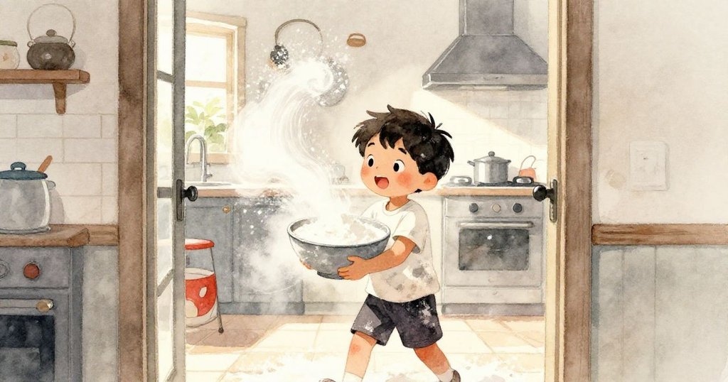 Troy端著裝滿麵粉的碗走入廚房，麵粉隨步晃動，室內外動感交織。