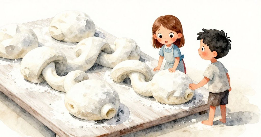 桌面上麵糰以不可能的幾何形狀拉伸，光影交錯呈現夢幻與現實交融。