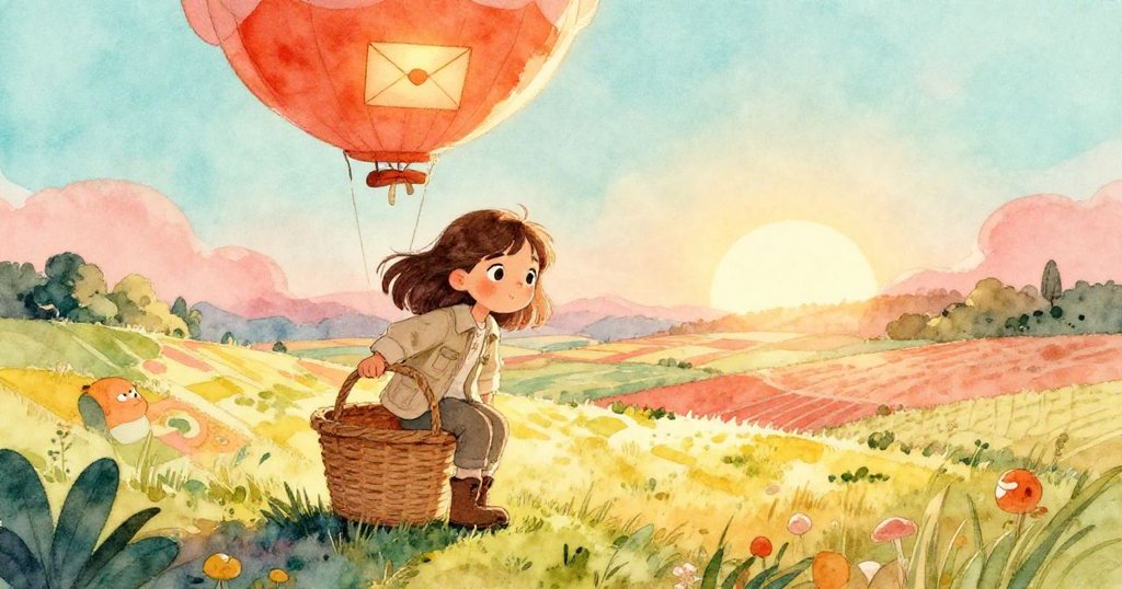 塔拉好奇地從氣球籃邊緣探身，感受微妙銅味，溫柔晨光中展開冒險之旅，背景有田野與柔和光暈。